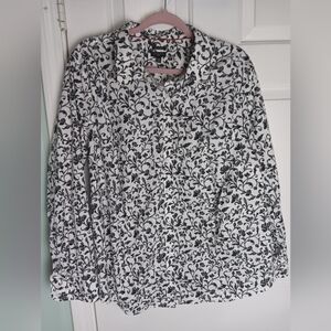 Talbots Woman Size 20W Long Sleeve Button Down Shirt White Black Paisley Floral